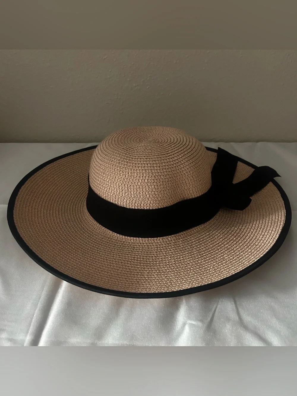 Wide Brim Sun Hat with Black Ribbon Trim